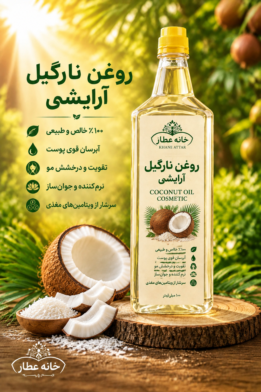 روغن نارگیل آرایشی خالص (۱ لیتری) بضمانت مرجوعی